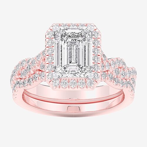 (G-H / Si1-Si2) Womens 1 1/2 CT. T.W. Lab Grown White Diamond 14K Gold Side Stone Halo Bridal Set, 9, Rose