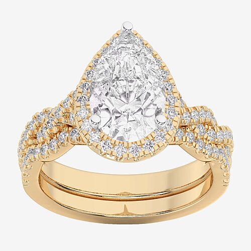 (G-H / Si1-Si2) Womens 1 1/2 CT. T.W. Lab Grown White Diamond 14K Gold Pear Side Stone Halo Bridal Set, 9, Yellow