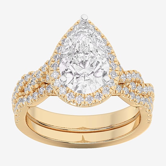 (G-H / Si1-Si2) Womens 1 1/2 CT. T.W. Lab Grown White Diamond 14K Gold Pear Side Stone Halo Bridal Set