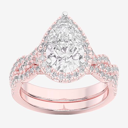 (G-H / Si1-Si2) Womens 3 3/4 CT. T.W. Lab Grown White Diamond 14K Gold Pear Side Stone Halo Bridal Set, 8, Rose