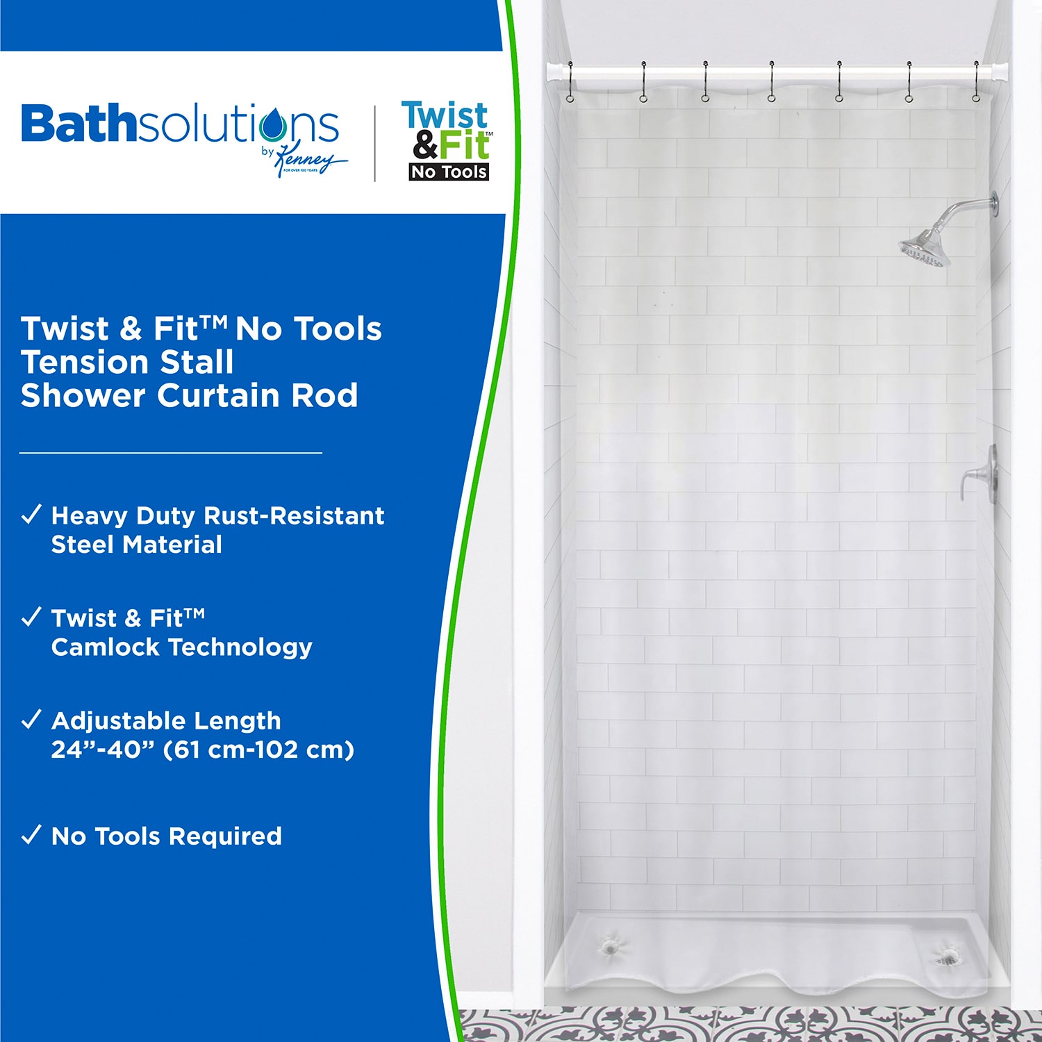 Kenney Twist & Fit No Tools 24-40 IN Adjustable Tension Stall Shower Curtain Rod