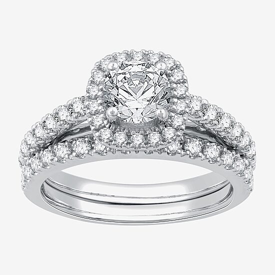 I Said Yes (G / Si1-Si2) Womens 1 1/2 CT. T.W. Lab Grown White Diamond Sterling Silver Cushion Side Stone Halo Bridal Set
