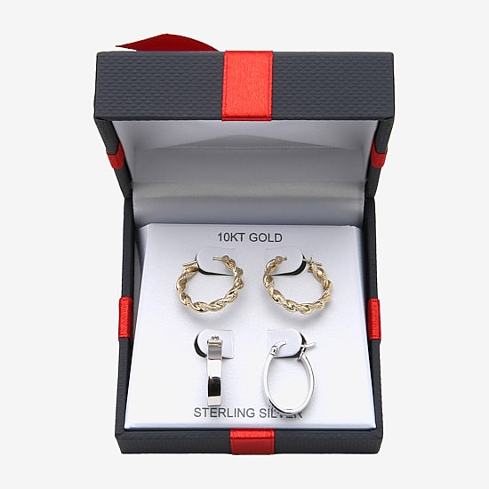 Womens 10K Gold Sterling Silver Oval Round 2 Pair Earring Set