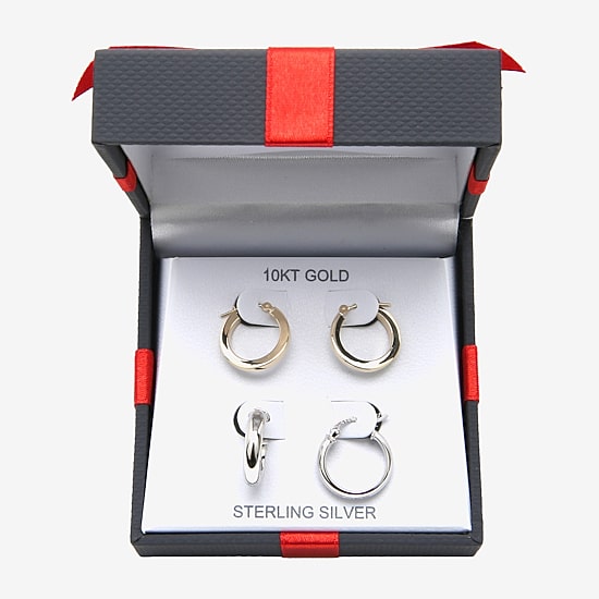 Womens 10K Gold Sterling Silver Oval Round 2 Pair Earring Set