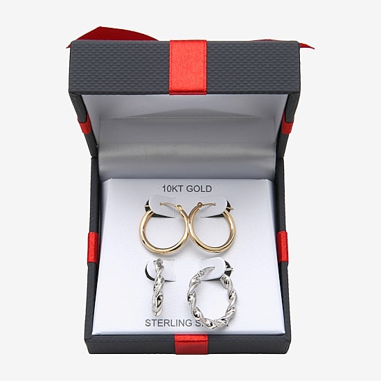 Womens 10K Gold Sterling Silver Oval Round 2 Pair Earring Set