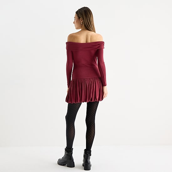 Arizona Womens Juniors Straight Neck Long Sleeve Off the Shoulder Fit + Flare Dress