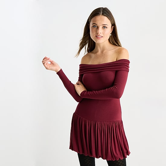 Arizona Womens Juniors Straight Neck Long Sleeve Off the Shoulder Fit + Flare Dress