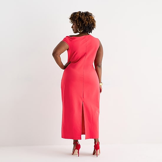 Bold Elements Womens Plus Midi Asymmetrical Neck Short Sleeve One Shoulder Bodycon Dress