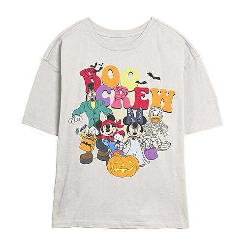 Womens Juniors Crew Neck Short Sleeve Classic Fit Mickey and Friends Graphic T-Shirt, Medium, Beige