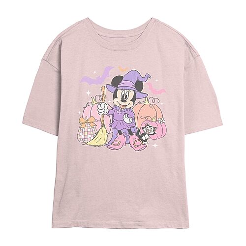 Disney Witch Womens Juniors Crew Neck Short Sleeve Classic Fit Minnie Mouse Graphic T-Shirt, X-small, Pink
