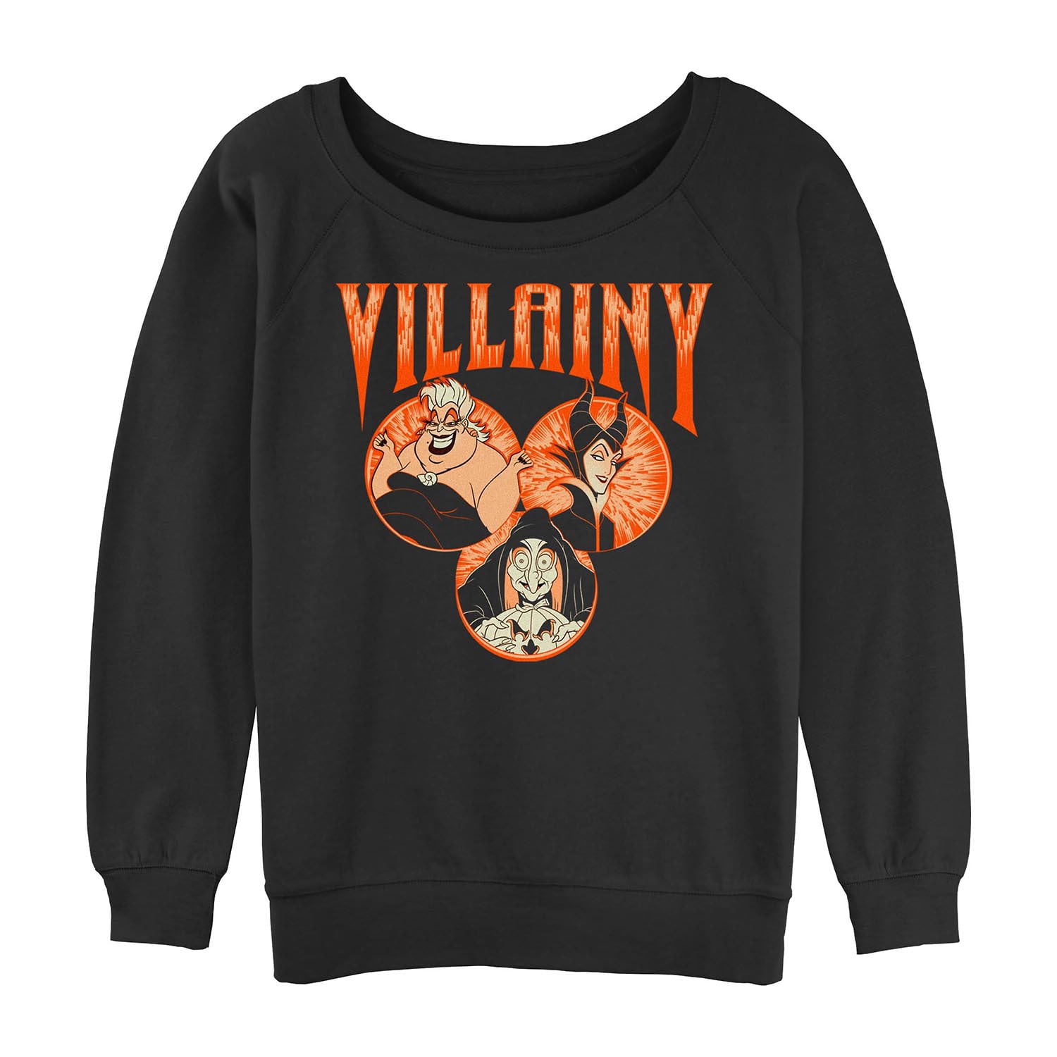 Disney Villians Villiany Womens Juniors Crew Neck Long Sleeve Sweatshirt