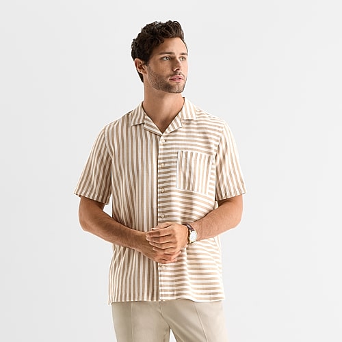 J. Ferrar Stripe Mens Short Sleeve Camp Shirt, Large, Brown