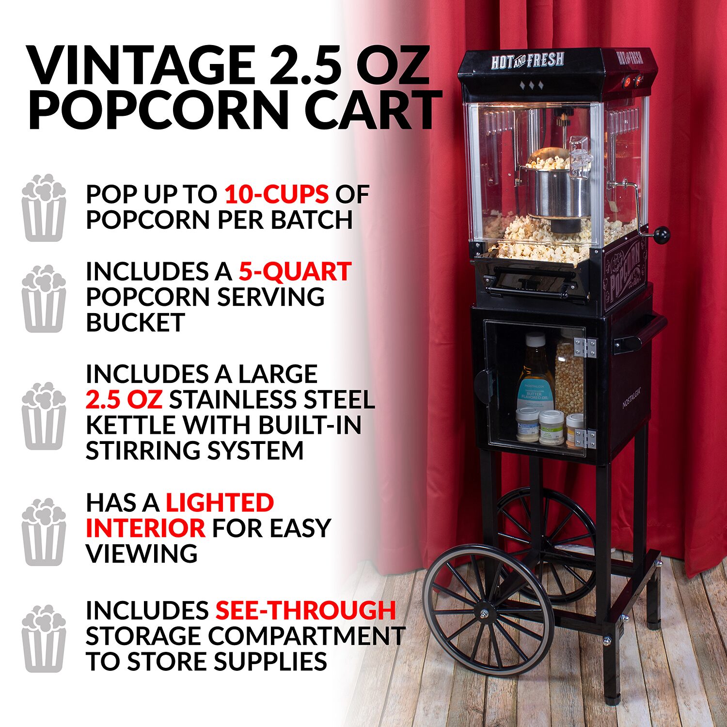 Nostalgia™ KPM200CTBK 2.5 Ounce Popcorn Cart with 5-Quart Popcorn Bowl