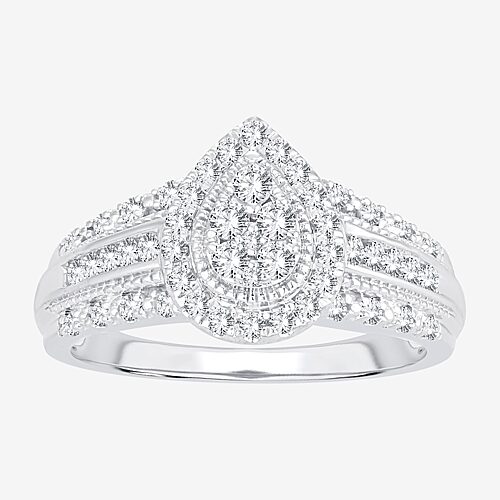 Womens 1/2 CT.T.W. Natural Diamond 10K or 14K White Gold Pear Side Stone Halo Engagement Ring, 9, White