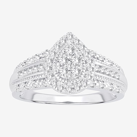 Womens 1/2 CT.T.W. Natural Diamond 10K or 14K White Gold Pear Side Stone Halo Engagement Ring