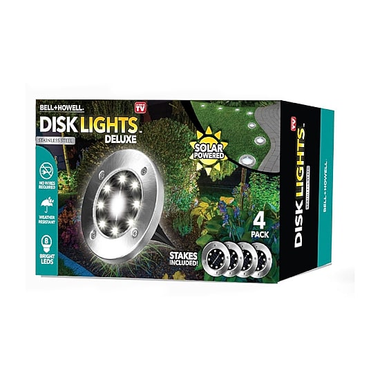 Bell + Howell 8 LED Super Bright Solar Powered Round Disk Light with Auto On/Off Lighting and Waterproof Rust-Free Stainless Tops - 4 Pack