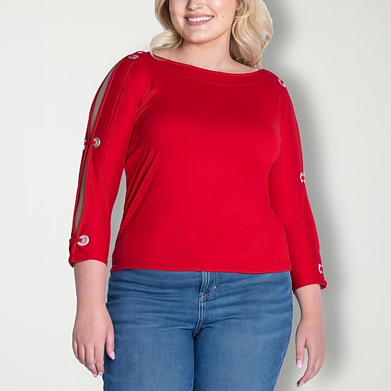 24seven Comfort Apparel Womens Plus Boat Neck 3/4 Sleeve Blouse