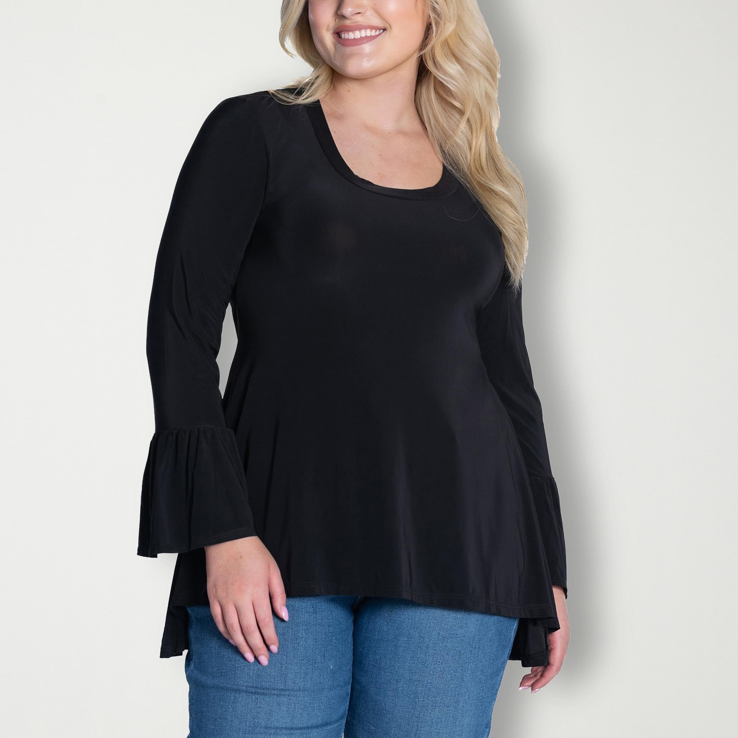 24seven Comfort Apparel Womens Plus Scoop Neck Long Sleeve Blouse