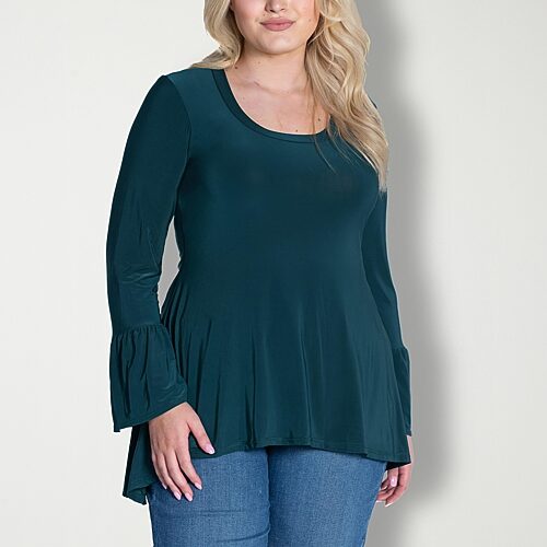 24seven Comfort Apparel Plus Size Long Bell Sleeve High Low Tunic Top - Hunter