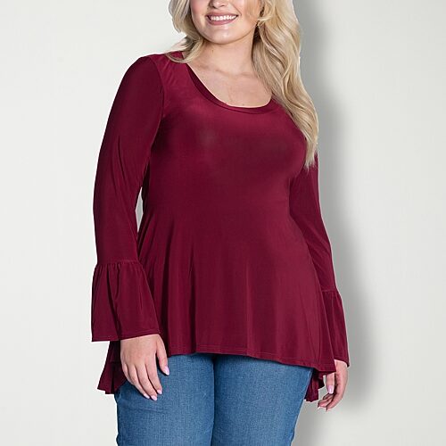 24seven Comfort Apparel Plus Size Long Bell Sleeve High Low Tunic Top - Wine