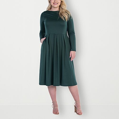 24seven Comfort Apparel Womens Plus Midi Round Neck Long Sleeve Fit + Flare Dress, 3x, Green