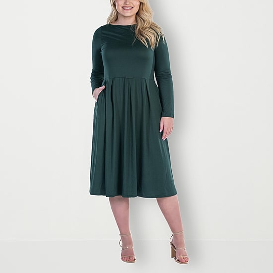 24seven Comfort Apparel Womens Plus Midi Round Neck Long Sleeve Fit + Flare Dress