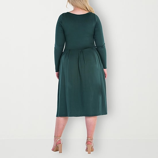 24seven Comfort Apparel Womens Plus Midi Round Neck Long Sleeve Fit + Flare Dress