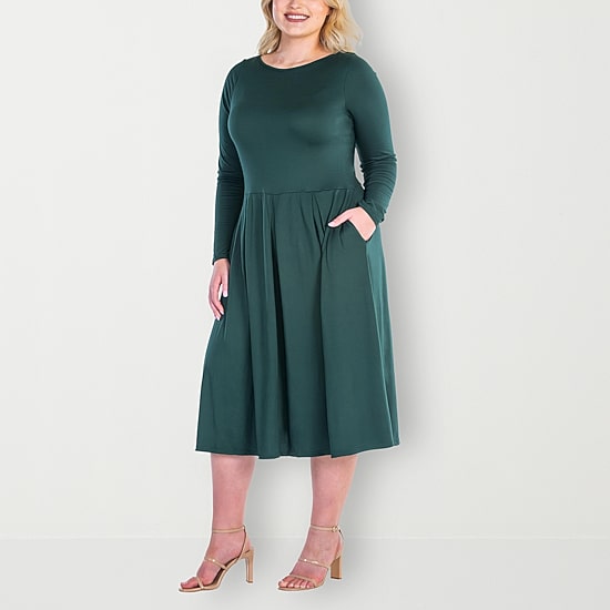 24seven Comfort Apparel Womens Plus Midi Round Neck Long Sleeve Fit + Flare Dress