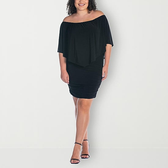 24seven Comfort Apparel Womens Plus Asymmetrical Neck Short Sleeve Shift Dress