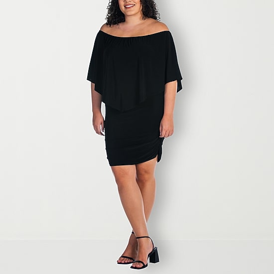 24seven Comfort Apparel Womens Plus Asymmetrical Neck Short Sleeve Shift Dress