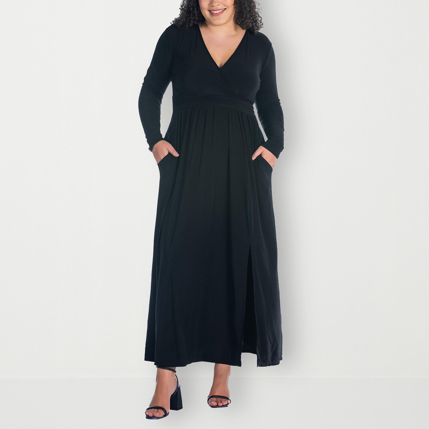 24seven Comfort Apparel Womens Plus V Neck Long Sleeve Maxi Dress