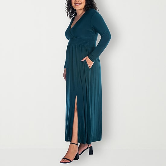 24seven Comfort Apparel Womens Plus V Neck Long Sleeve Maxi Dress