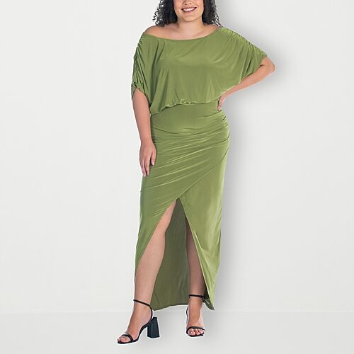 24seven Comfort Apparel Plus Size Boat Neck Batwing Sleeve Slit Maxi Dress - Avocado