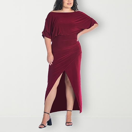 24seven Comfort Apparel Womens Plus Boat Neck Short Sleeve Maxi Dress