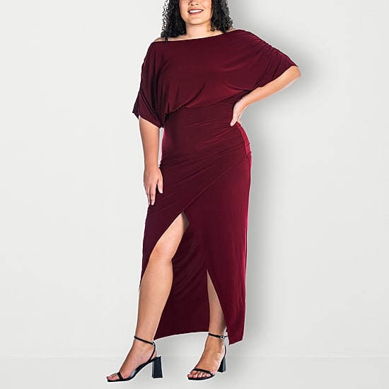 24seven Comfort Apparel Womens Plus Boat Neck Short Sleeve Maxi Dress