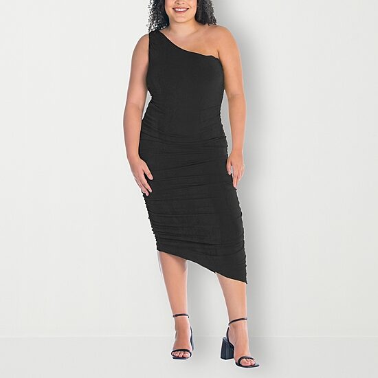 24seven Comfort Apparel Womens Plus Midi Asymmetrical Neck Sleeveless Casual Bodycon Dress