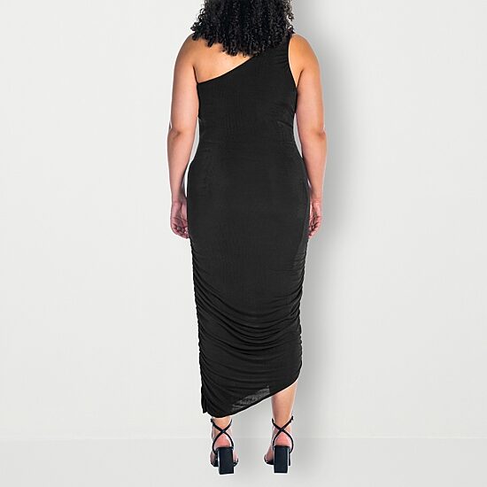 24seven Comfort Apparel Womens Plus Midi Asymmetrical Neck Sleeveless Casual Bodycon Dress
