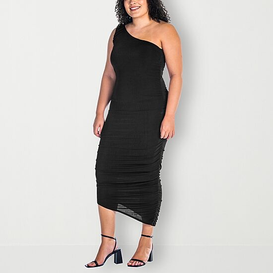24seven Comfort Apparel Womens Plus Midi Asymmetrical Neck Sleeveless Casual Bodycon Dress
