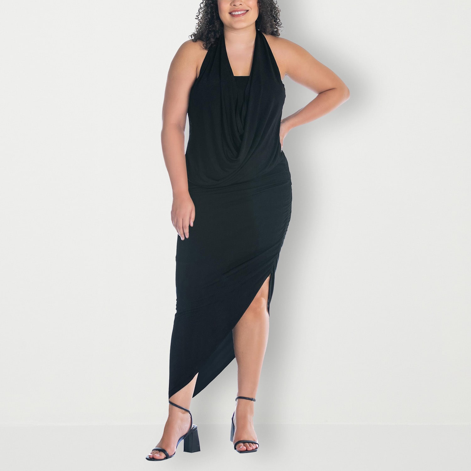 24seven Comfort Apparel Womens Plus Midi Cowl Neck Sleeveless Casual Bodycon Dress