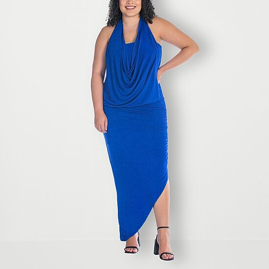 24seven Comfort Apparel Womens Plus Midi Cowl Neck Sleeveless Casual Bodycon Dress
