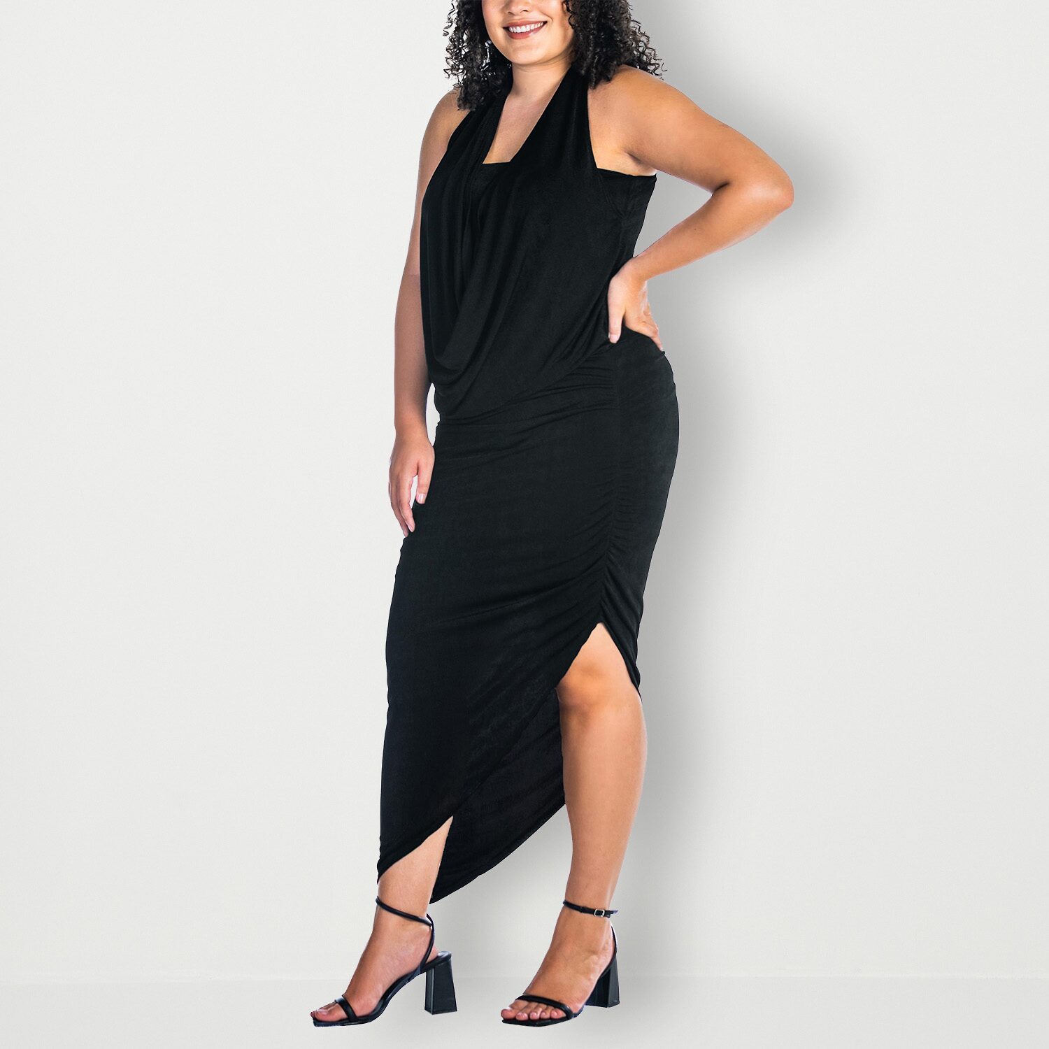 24seven Comfort Apparel Womens Plus Midi Cowl Neck Sleeveless Casual Bodycon Dress
