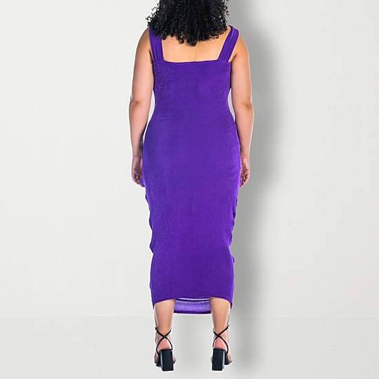 24seven Comfort Apparel Womens Plus Midi V Neck Sleeveless Casual Bodycon Dress
