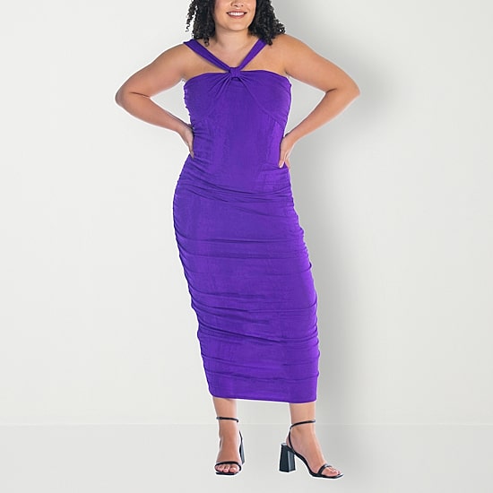 24seven Comfort Apparel Womens Plus Midi V Neck Sleeveless Casual Bodycon Dress