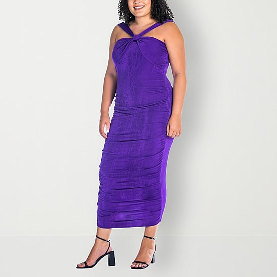 24seven Comfort Apparel Womens Plus Midi V Neck Sleeveless Casual Bodycon Dress