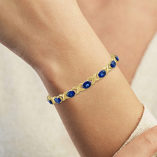 Womens Lab Created Blue Sapphire 14K Gold Over Silver Oval 7.5 Inch Tennis Bracelet