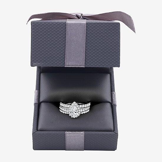 (H-I / I1) Womens 2 CT. T.W. Lab Grown White Diamond 10K Gold Pear Side Stone Halo Bridal Set