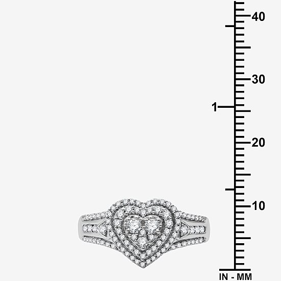 Womens 1/2 CT. T.W. Lab Grown White Diamond Sterling Silver Heart Halo Side Stone Cocktail Ring