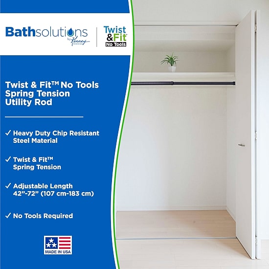 Kenney Twist & Fit No Tools 42-72 IN Adjustable Spring Tension Closet/Utility Curtain Rod