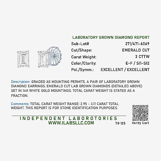 ( /E-F/Si1-Si2 ) 3 CT. T.W. Lab-GrownDiamond 14K Gold 8.1mm Emerald Stud Earrings