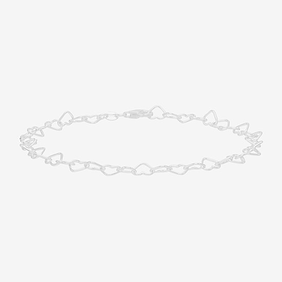 Made in Italy Womens Sterling Silver 9 1/2 Inch Solid Link Heart Ankle Bracelet